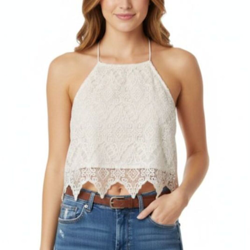 Windsor Women's White Lace Halter Neck Sleeveless Strappy Crop Top Size L